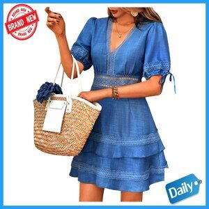 Lace V-Neck Puff Sleeve A-Line Summer Dress Casual Layered Tiered